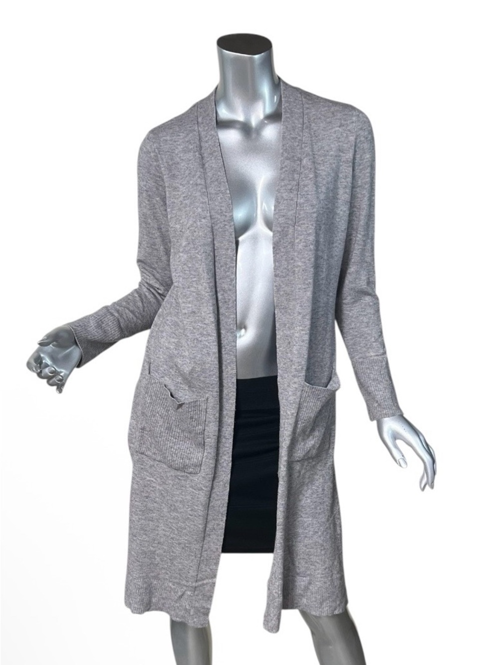 Time And Tru Open Front Long Duster Cardigan Sweater Pockets Grey Size LARGE